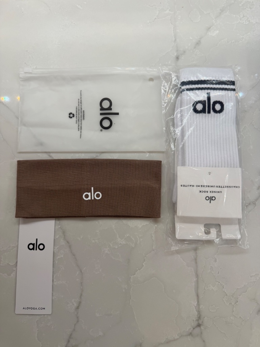 Alo Light Brown/Tan headband AND One Pair of white crew socks